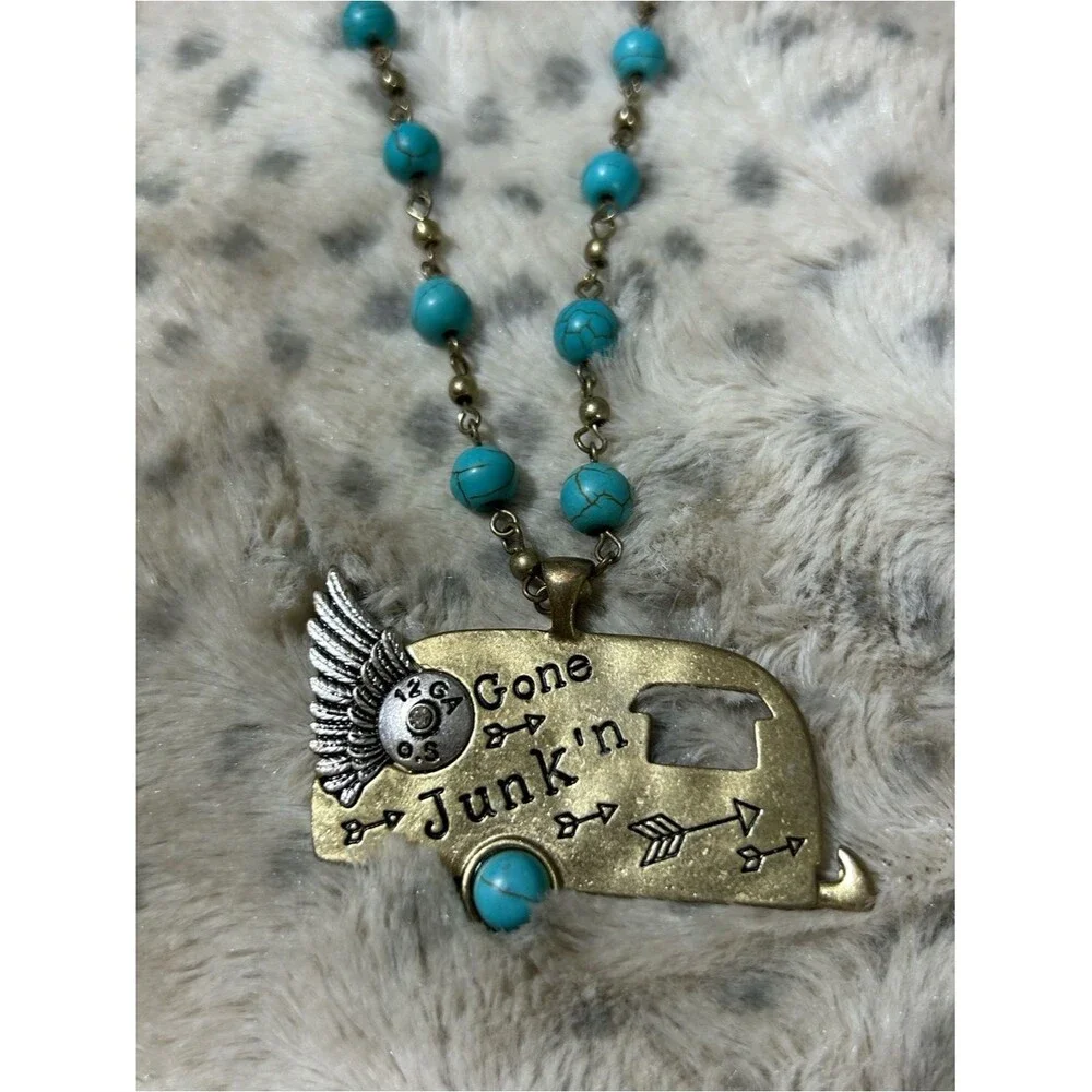 Turquoise Bead Necklace Gone Junk'n Camper 34” + extender